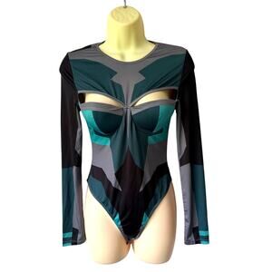 SHEIN X Cyberpunk Sci Fi Teal Colorblock Bodysuit Size Small